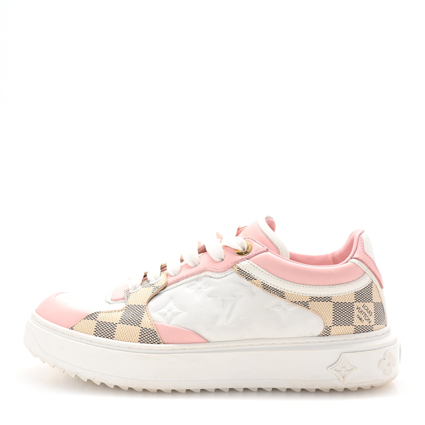 Monogram Embossed Calfskin Damier Azur Time Out Sneakers 38.5 Rose Clair Pink