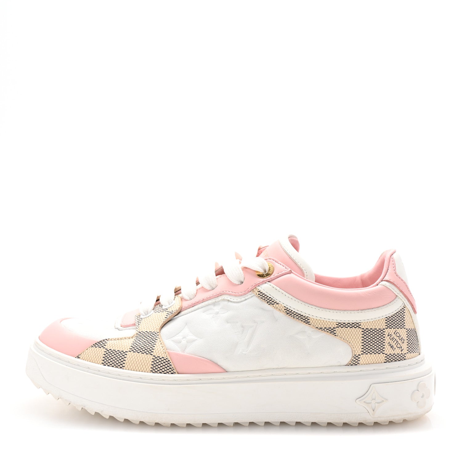 Louis Vuitton Monogram Embossed Calfskin Damier Azur Time Out Sneakers 38.5 Rose Clair Pink 1 of 10