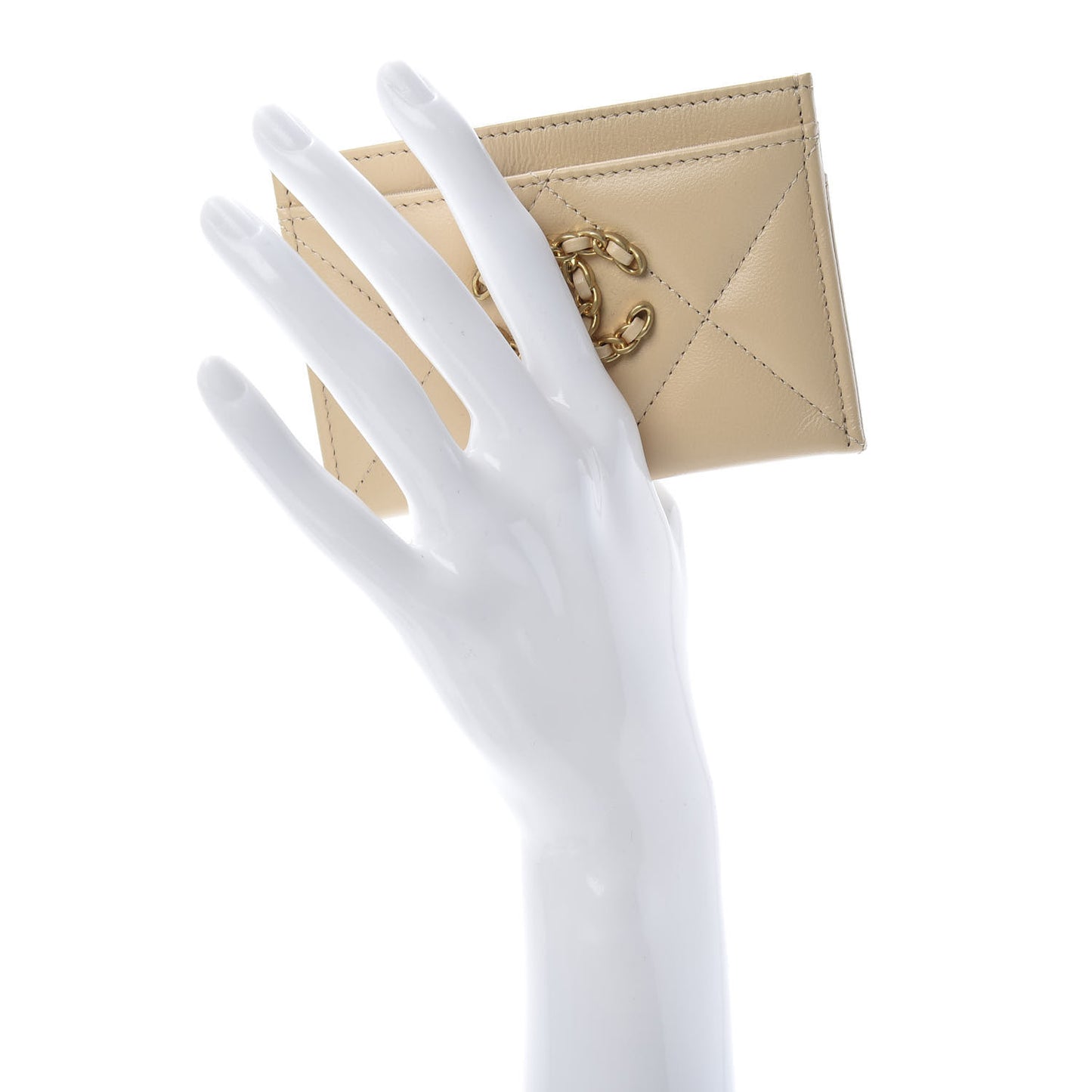 Shiny Goatskin Quilted Chanel 19 Card Holder Beige