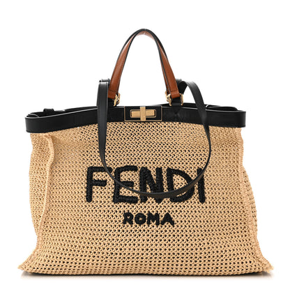 Fendi Raffia Vitello King Macrame Mesh Medium Peekaboo X-Tote Natural Black Cuoio 1 of 11