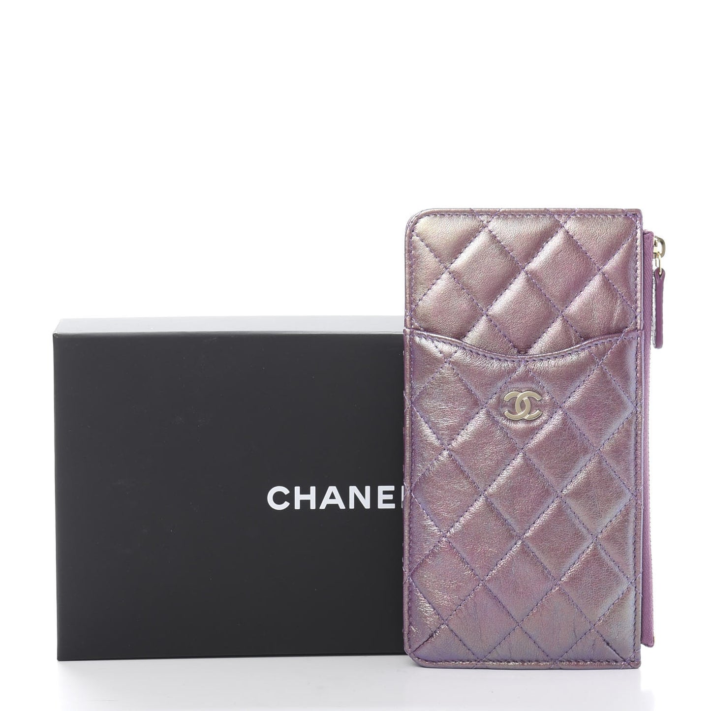Metallic Aged Calfskin Quilted Classic Flat Wallet Pouch Purple
