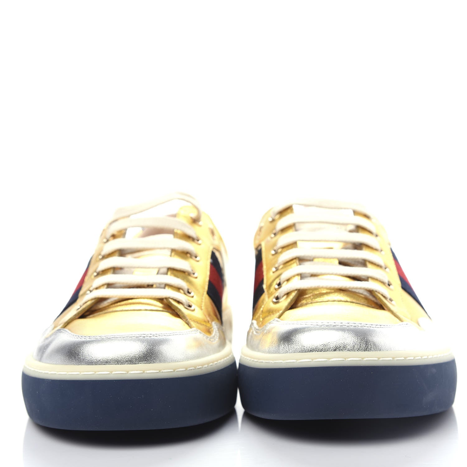 Gucci Metallic Nappa Web Mens Low Top Sneakers 8.5 Argento Oro Vecchio 2 of 11