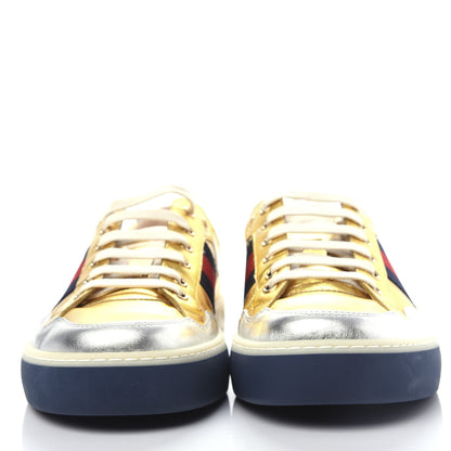 Gucci Metallic Nappa Web Mens Low Top Sneakers 8.5 Argento Oro Vecchio 2 of 11