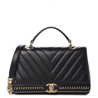 Chanel Sheepskin Chevron Stitched Chain Top Handle Flap Black 1 of 9
