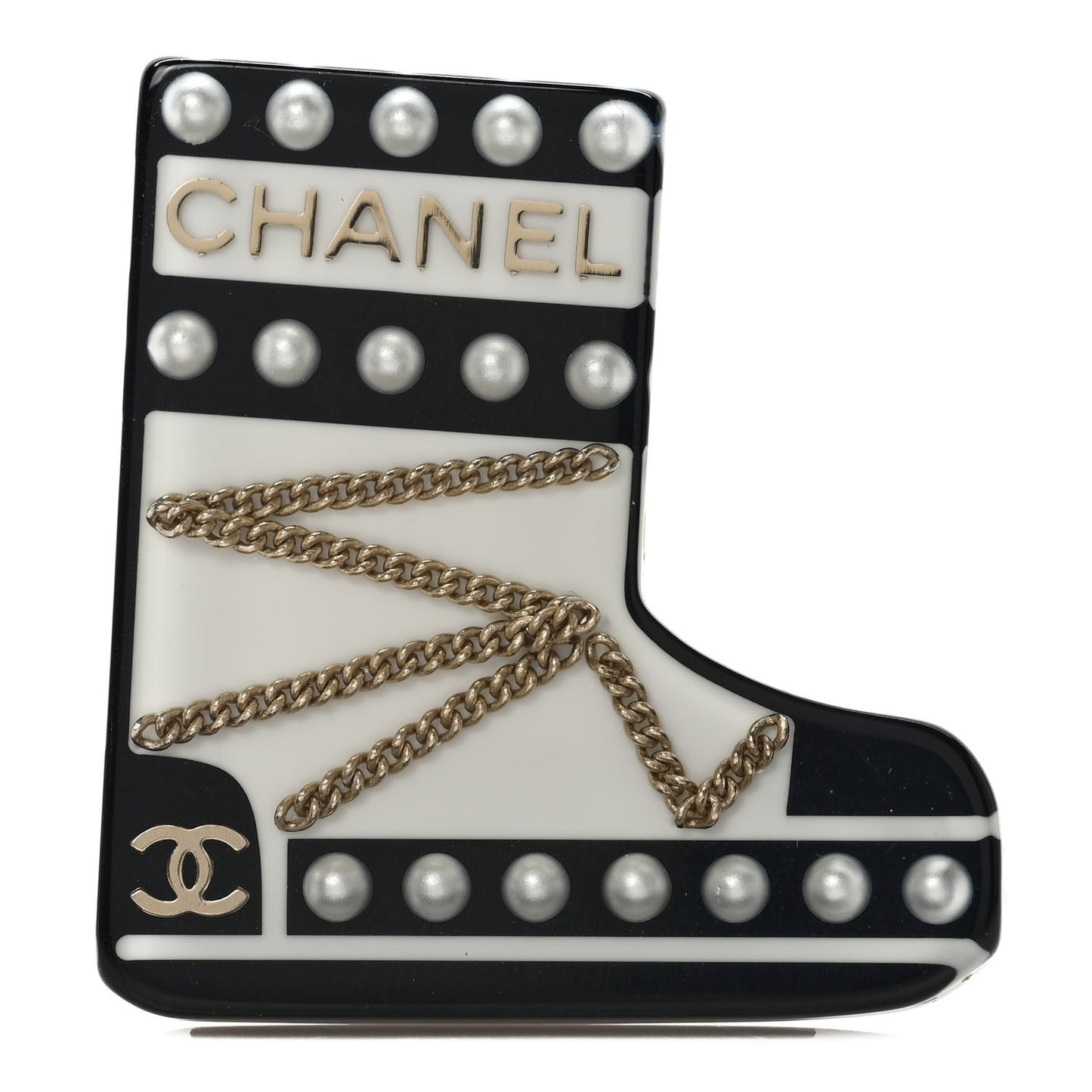 Pearl Resin CC Boot Brooch Black White Gold