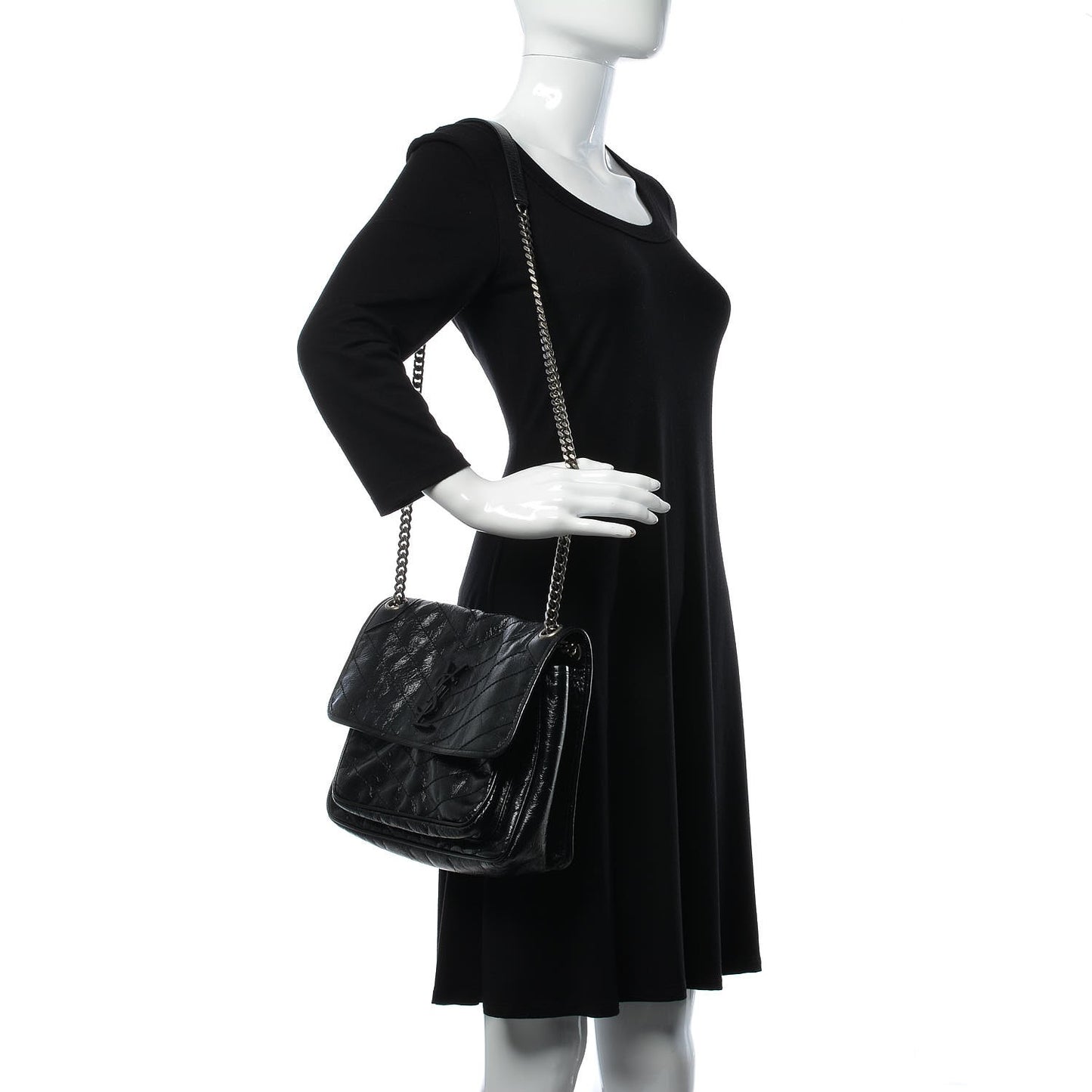 Crinkled Calfskin Matelasse Monogram Medium Niki Chain Satchel Black