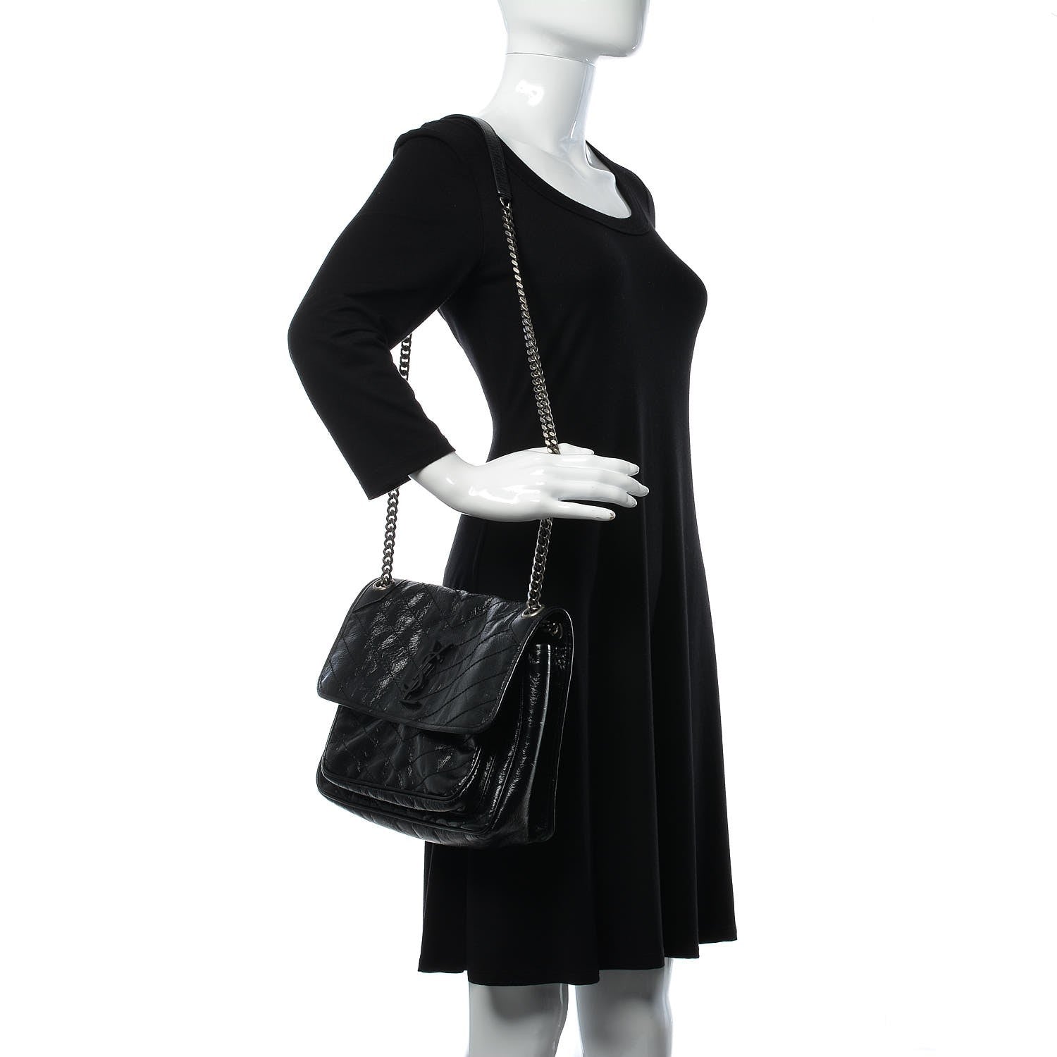 Saint Laurent Crinkled Calfskin Matelasse Monogram Medium Niki Chain Satchel Black 2 of 7