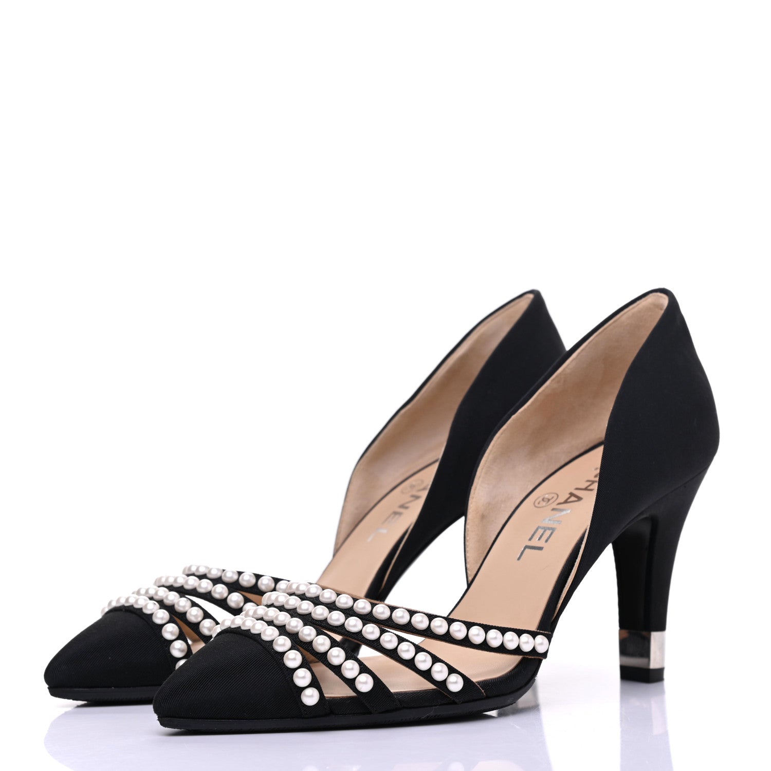 Chanel Satin Grosgrain Pearl Pumps 36.5 Black 3 of 11