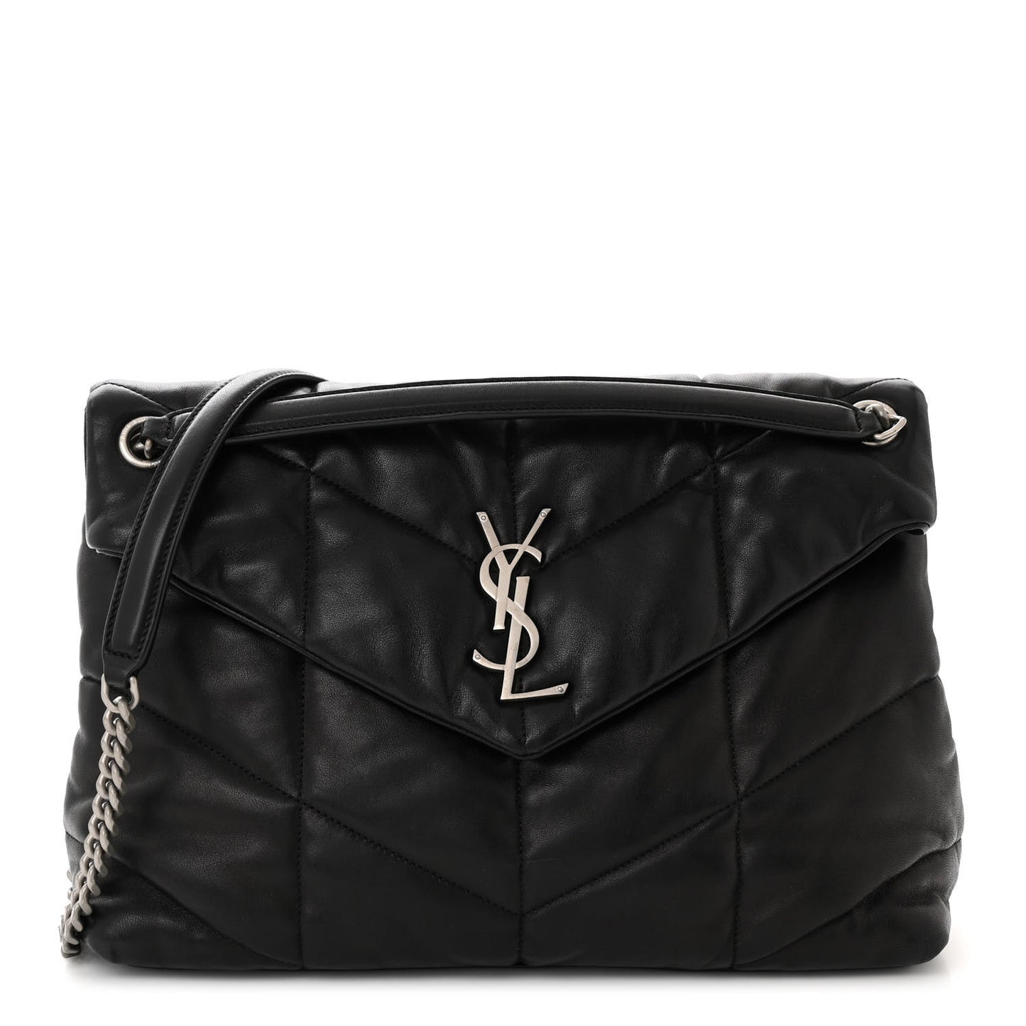 Lambskin Quilted Medium Loulou Puffer Monogram Chain Satchel Black