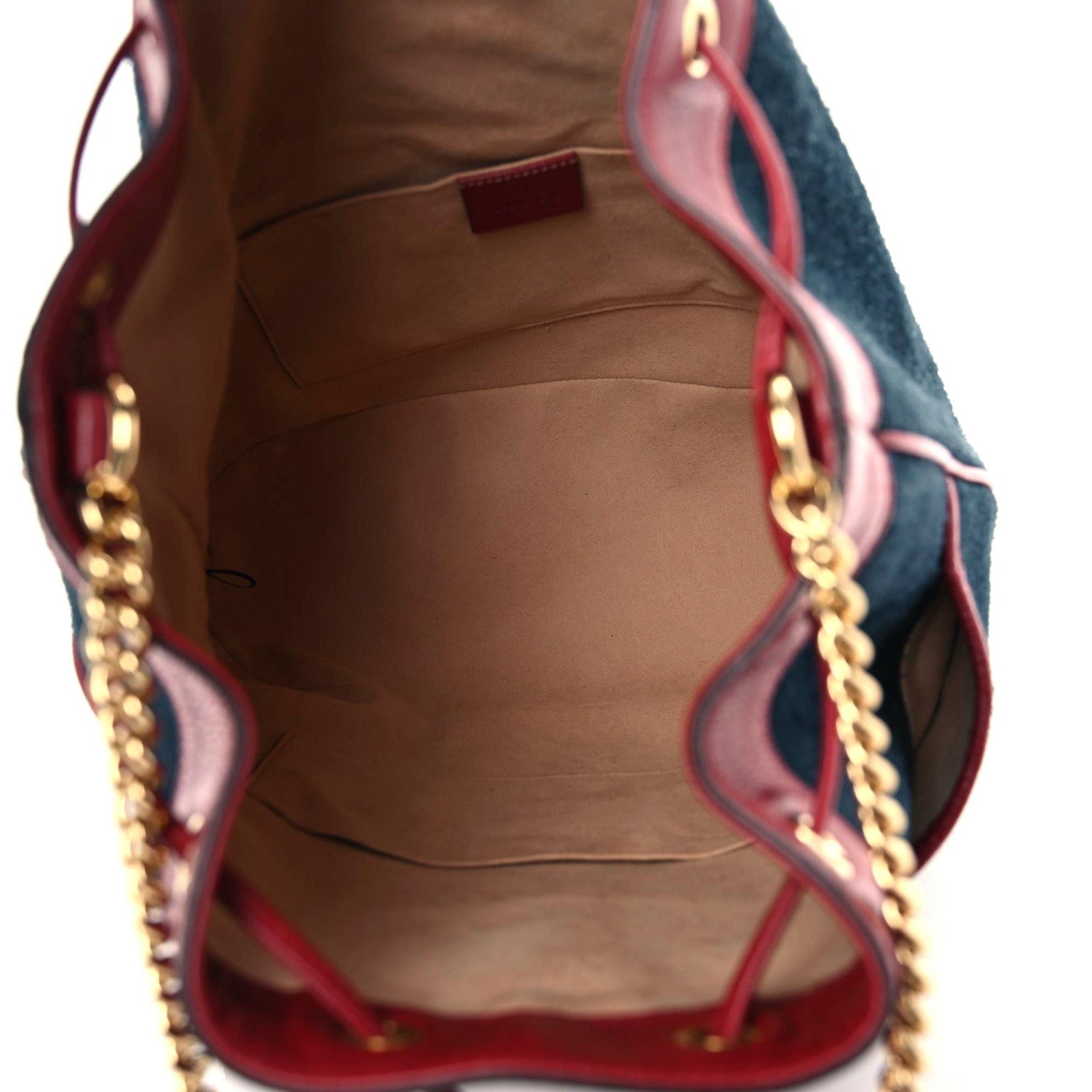 Gucci Suede Calfskin Web Medium Rajah Bucket Bag New Blue Romantic Cherry 12 of 15
