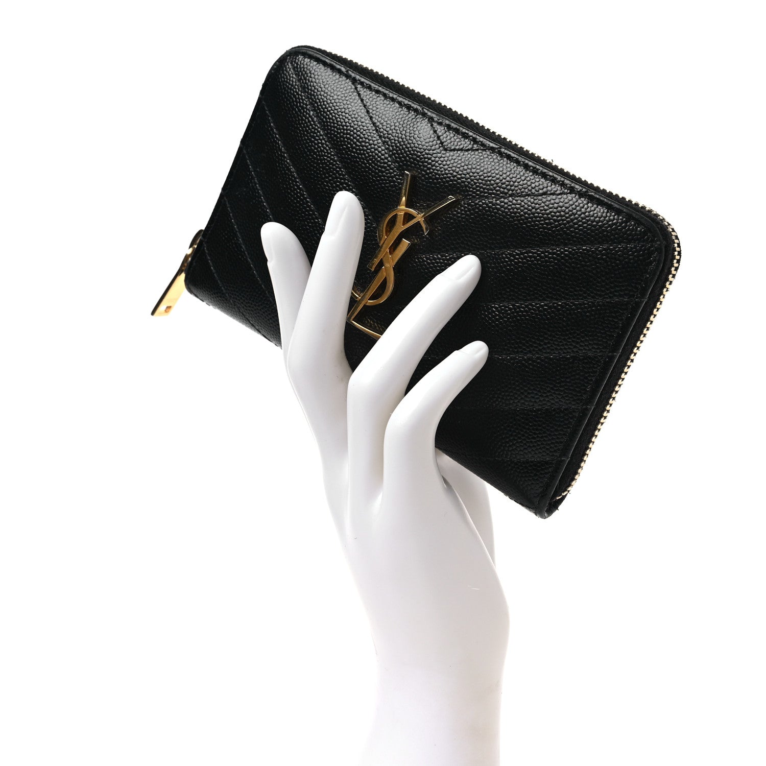 Saint Laurent Grain De Poudre Matelasse Chevron Monogram Small Zip Around Wallet Black 2 of 7