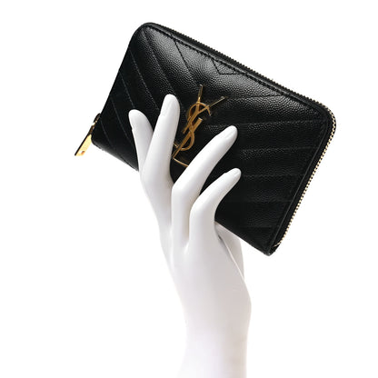 Saint Laurent Grain De Poudre Matelasse Chevron Monogram Small Zip Around Wallet Black 2 of 7