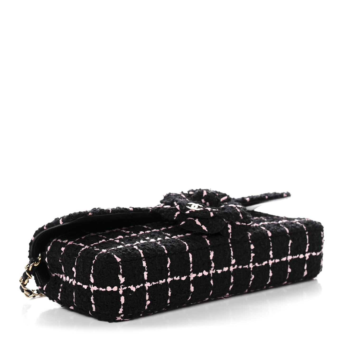 Tweed Quilted East West Camellia Clutch Black Pink