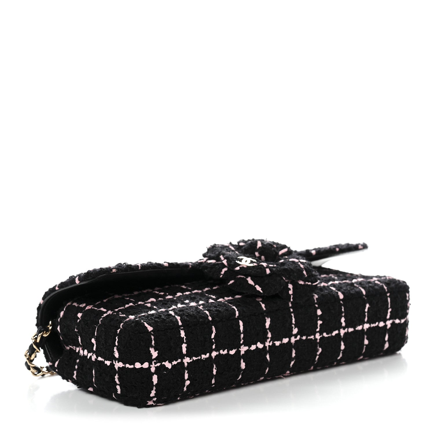 Chanel Tweed Quilted East West Camellia Clutch Black Pink 4 of 10
