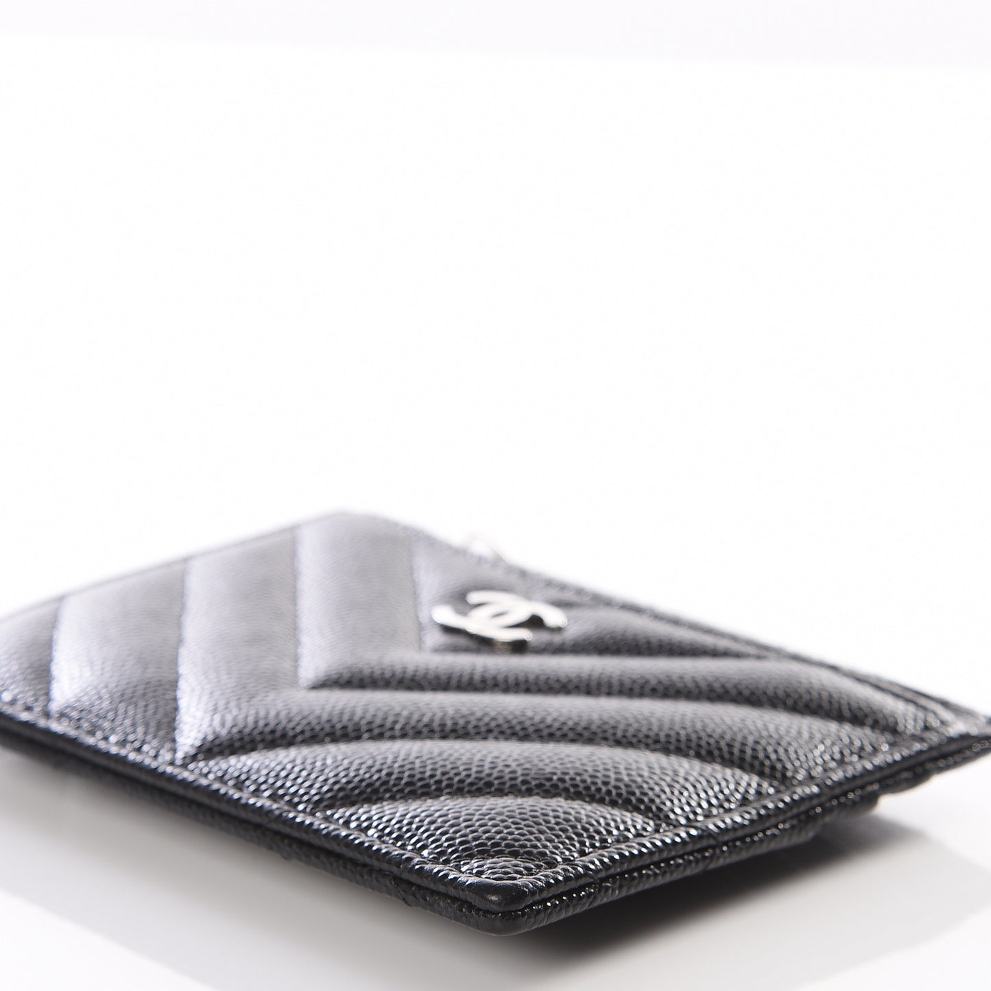 Caviar Chevron Quilted CC Zip Card Holder Black