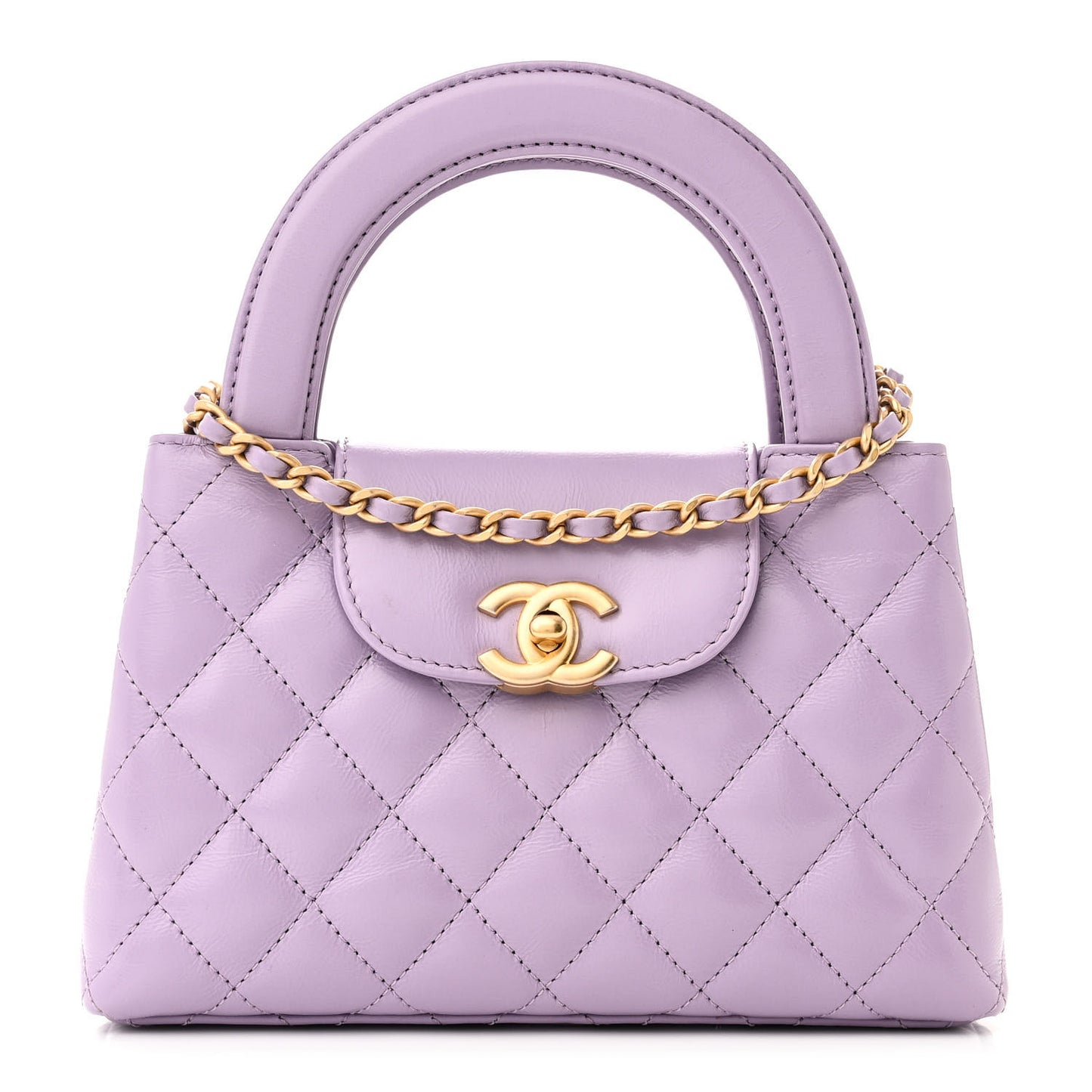 Shiny Aged Calfskin Quilted Nano Kelly Shopper Lilac