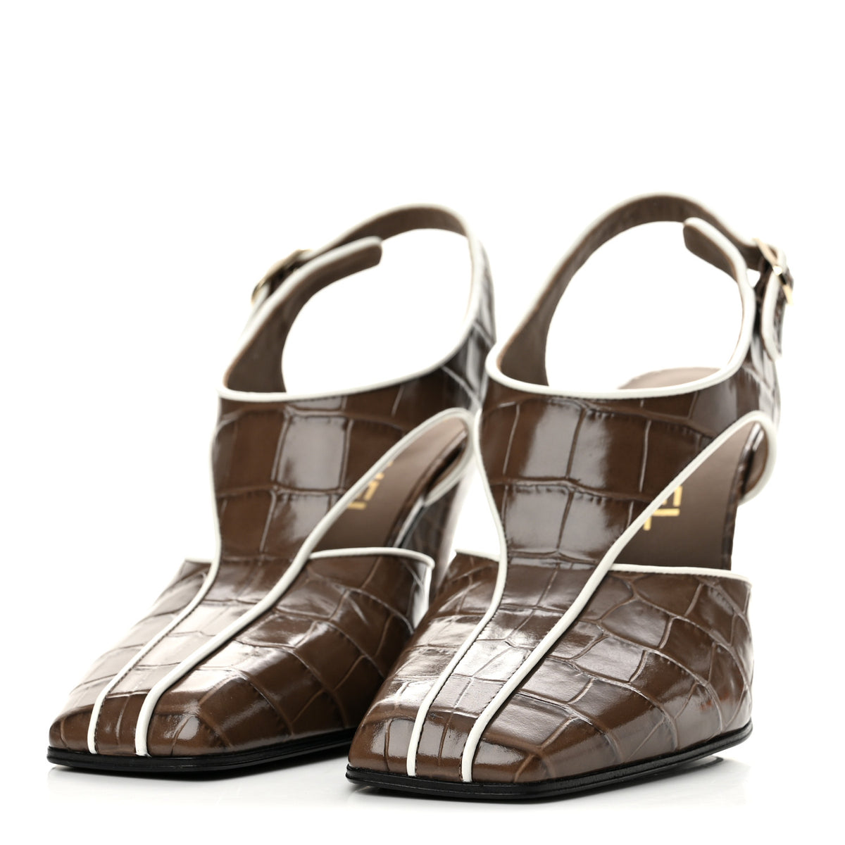 Chanel Patent Calfskin Crocodile Embossed CC Slingback Pumps 37.5 Brown White 4 of 11