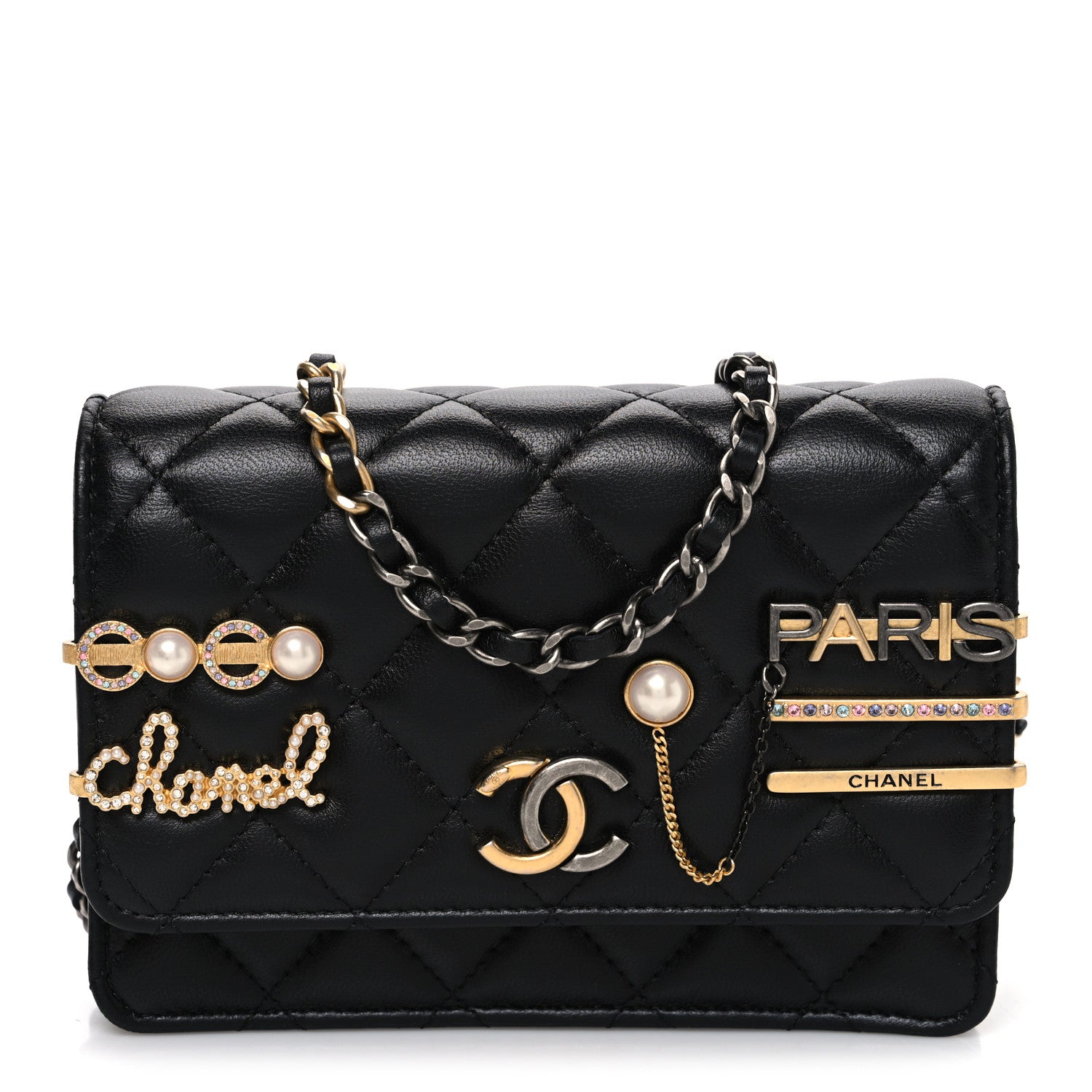 Chanel Lambskin Quilted Coco Clips Mini Wallet On Chain WOC Black 1 of 12