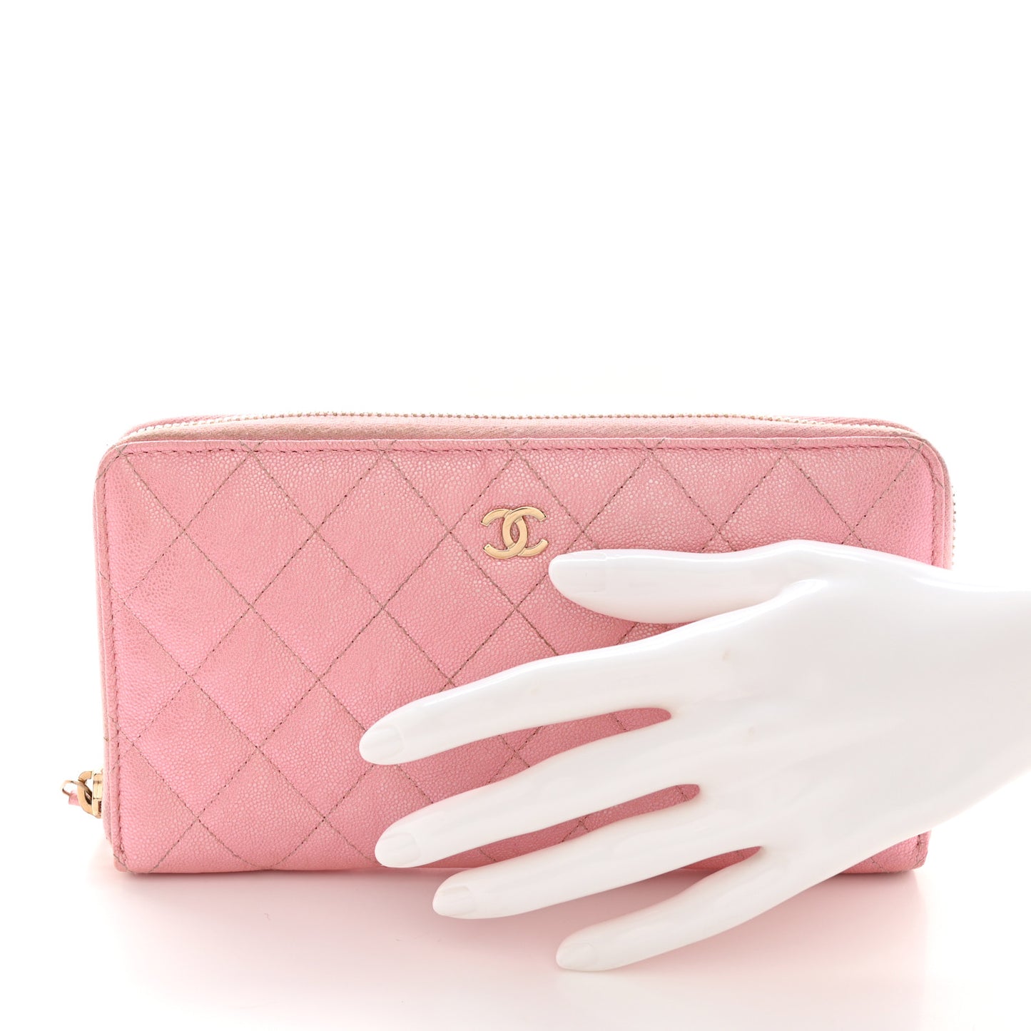 Iridescent Caviar Quilted Large Zip Around Organizer Wallet Pink