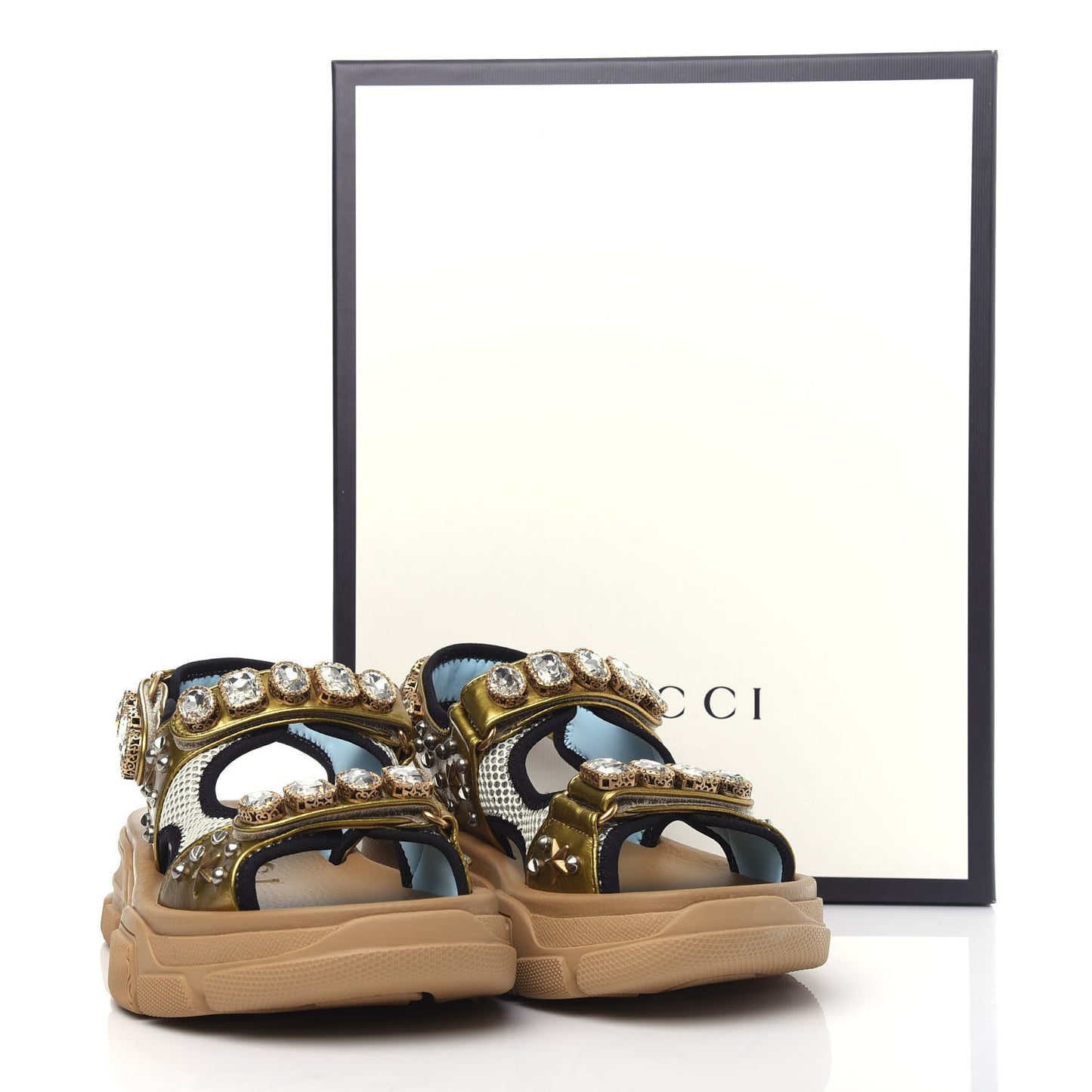 Silk Calfskin Mesh Crystal Embellished Studded Womens Aguru Sandals 39 Gold