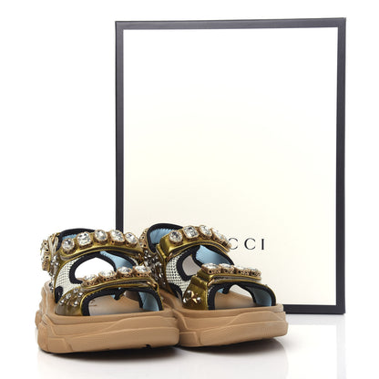 Gucci Silk Calfskin Mesh Crystal Embellished Studded Womens Aguru Sandals 39 Gold 10 of 11