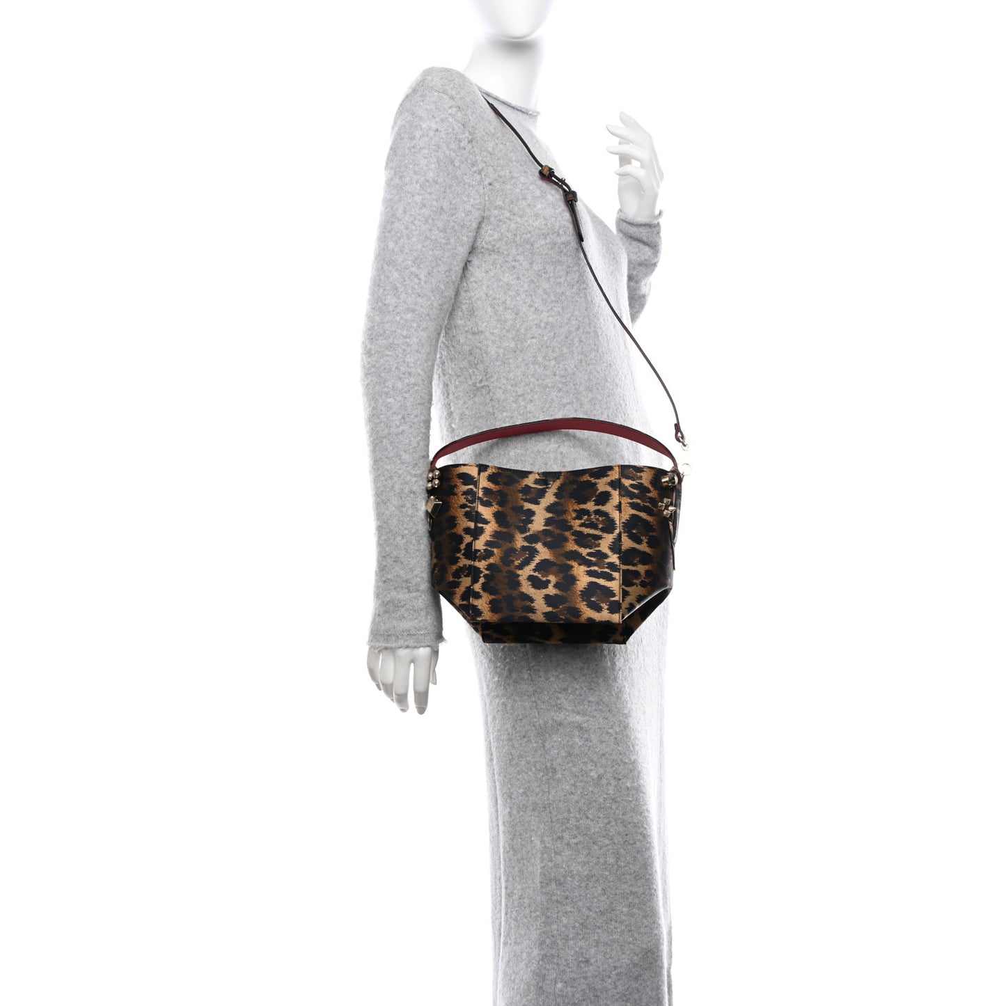 Crepe Satin Leopard Print Empire Spike Studded Mini Cabachic Bucket Bag Brown
