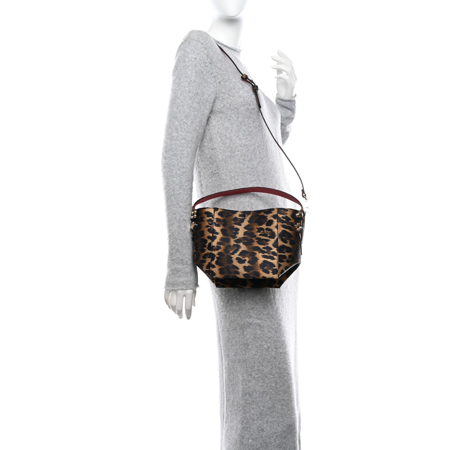 Christian Louboutin Crepe Satin Leopard Print Empire Spike Studded Mini Cabachic Bucket Bag Brown 2 of 10