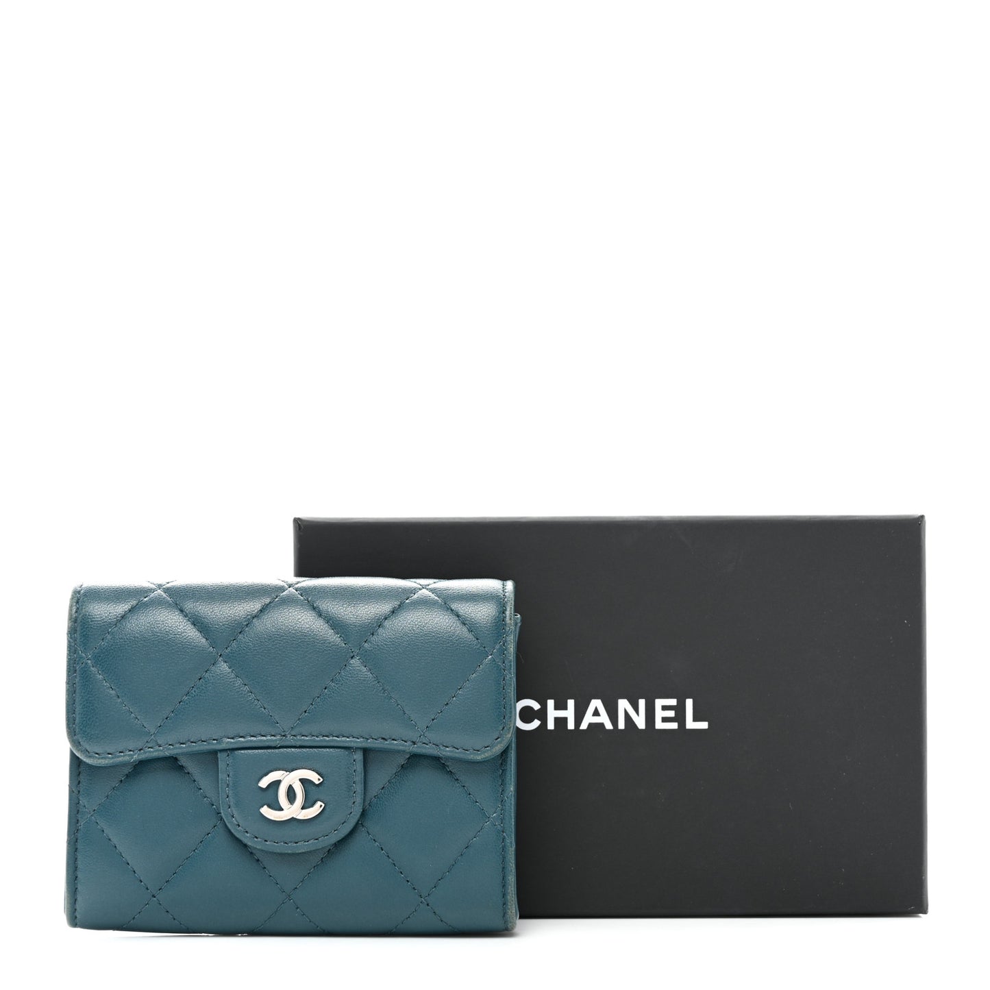 Lambskin Quilted Flap Card Holder Wallet Dark Turquoise