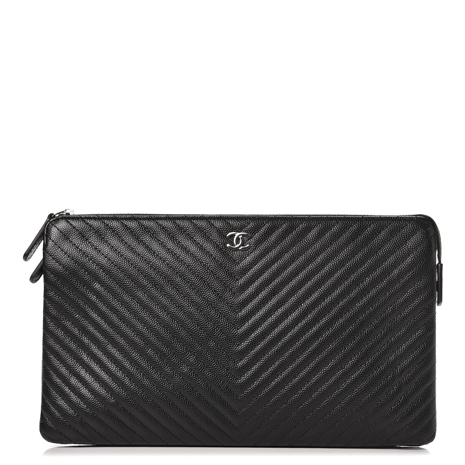 Chanel Caviar Chevron Quilted Large Zipped Clutch Black 1 of 10