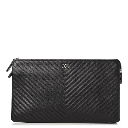 Chanel Caviar Chevron Quilted Large Zipped Clutch Black 1 of 10