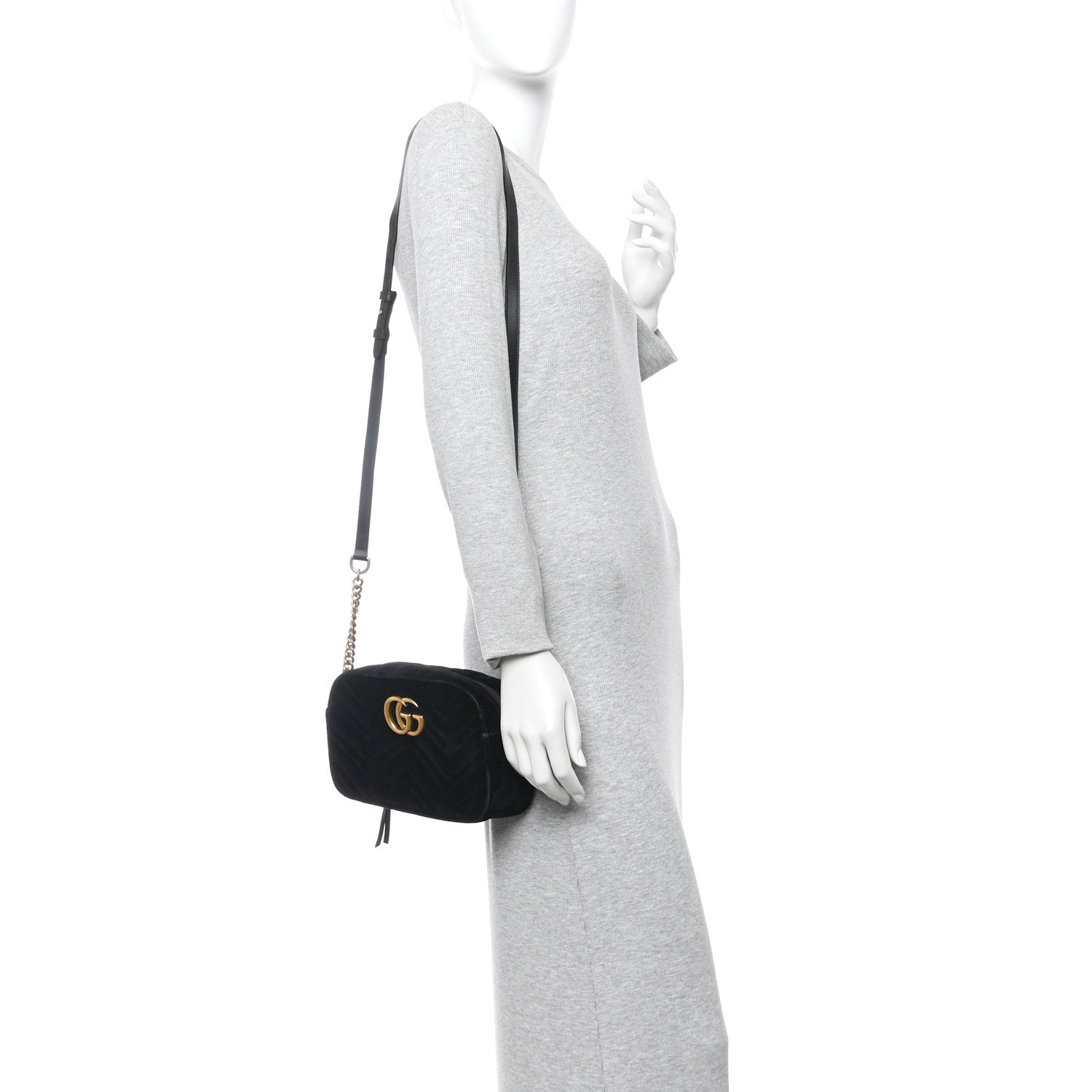 Gucci Velvet Matelasse Small GG Marmont Chain Shoulder Bag Black 2 of 11