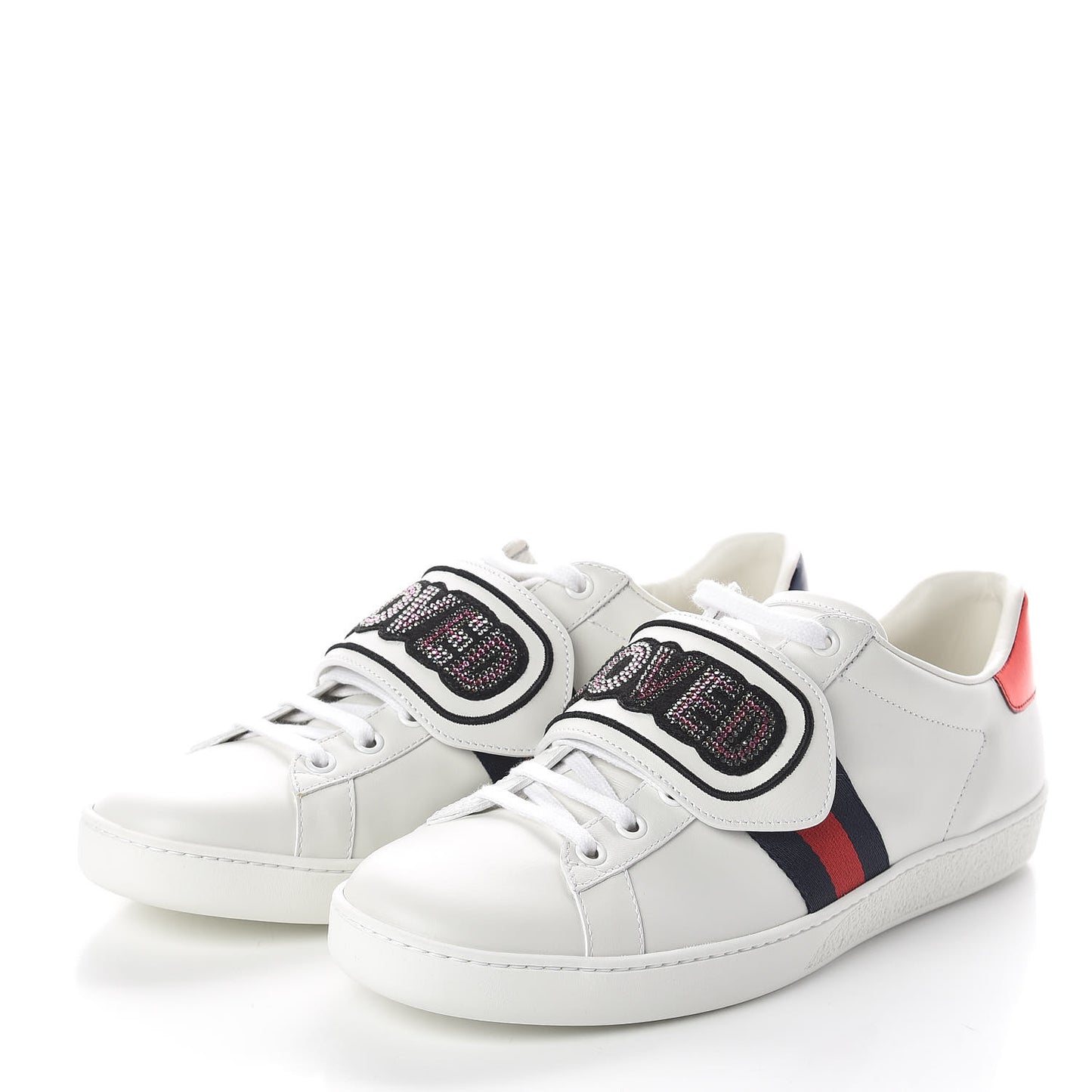 Calfskin Crystal Web LOVED Embroidered Womens Ace Sneakers 39.5 White