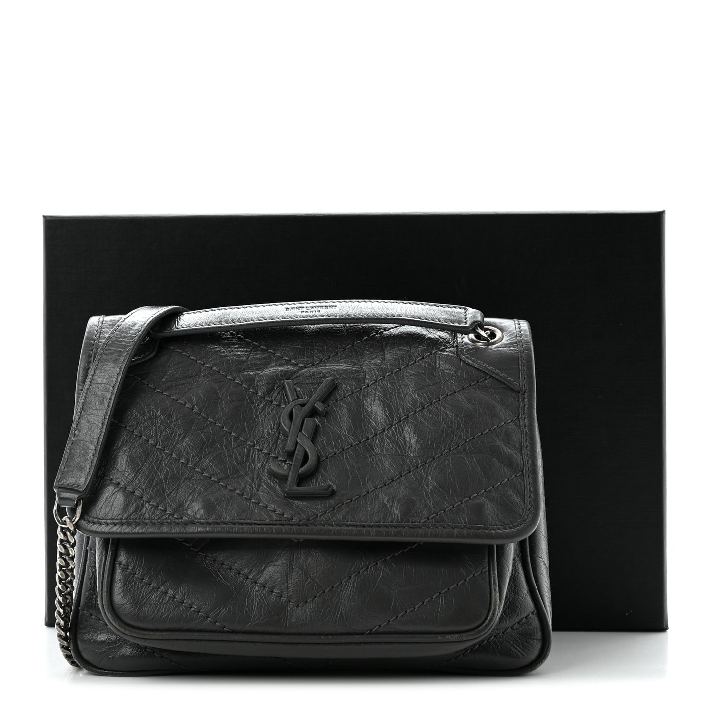 Crinkled Calfskin Matelasse Monogram Baby Niki Chain Satchel Storm
