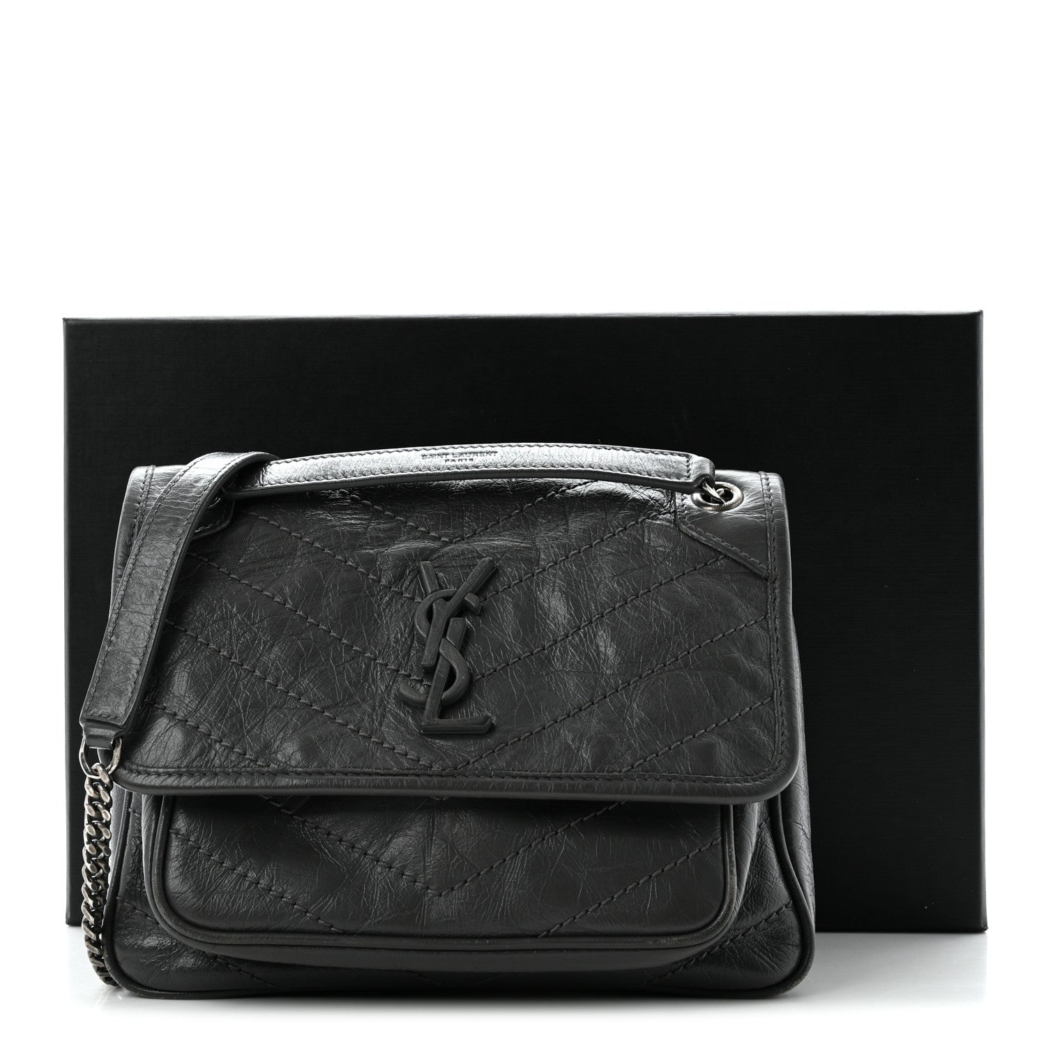 Saint Laurent Crinkled Calfskin Matelasse Monogram Baby Niki Chain Satchel Storm 12 of 12