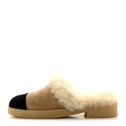 Chanel Suede Shearling CC Cap Toe Mules 40 Beige Black 1 of 10