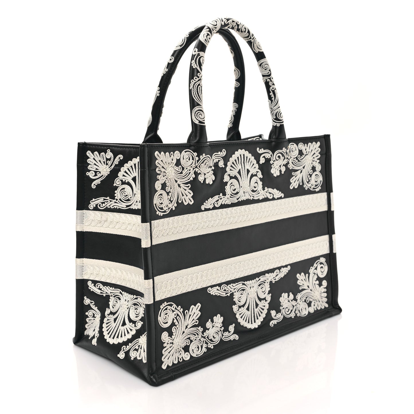 Calfskin Cornely-Effect Embroidery Medium Book Tote Black White