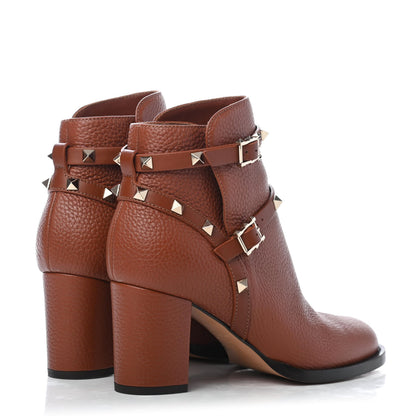 Valentino Garavani Pebbled Calfskin Rockstud Double Buckle 70mm Block Heel Ankle Boots 36.5 Bright Cognac 3 of 4