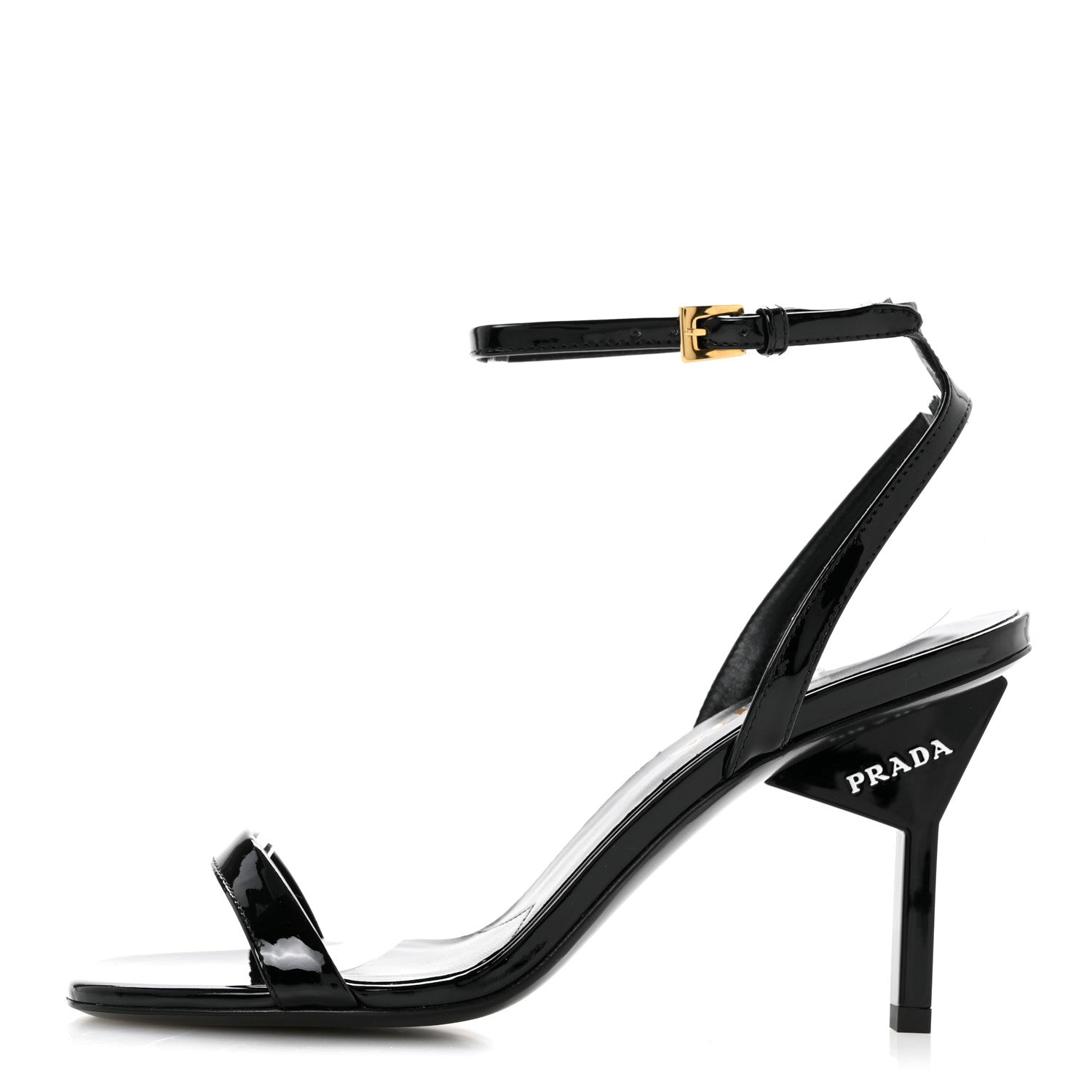 Prada Vernice Metal Triangle Logo Open Toe 65mm Sandals 36 Black 1 of 8