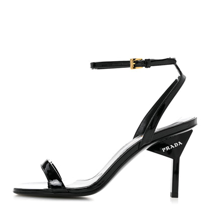 Prada Vernice Metal Triangle Logo Open Toe 65mm Sandals 36 Black 1 of 8