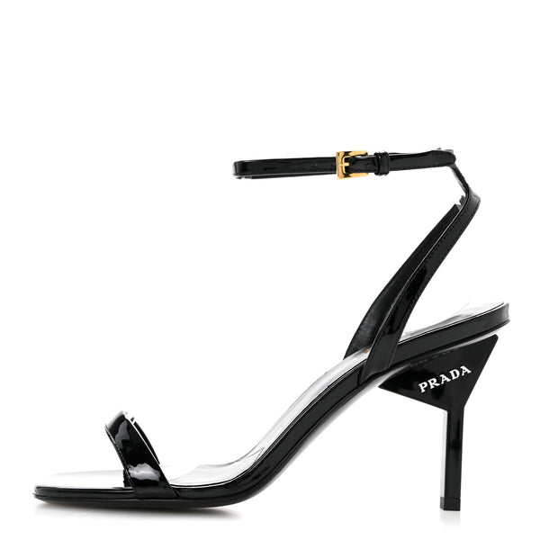Prada Vernice Metal Triangle Logo Open Toe 65mm Sandals 36 Black