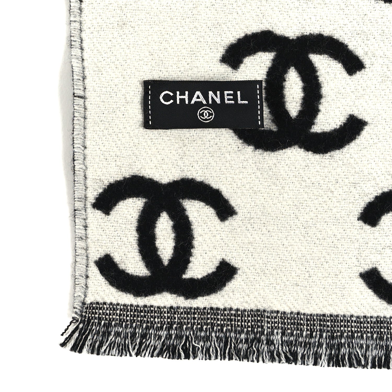 Chanel Wool Cashmere CC Scarf Black White 3 of 3