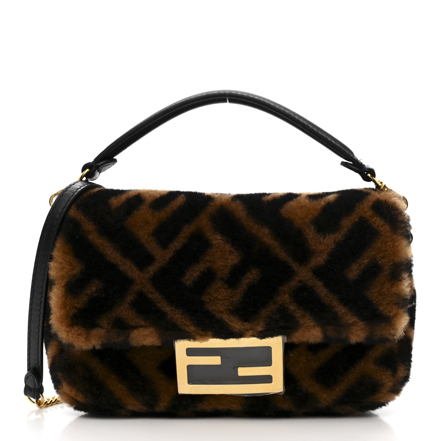 Fendi Shearling Vitello Dolce Macro FF 1974 Mini Baguette Tobacco Black 1 of 10