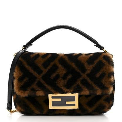 Fendi Shearling Vitello Dolce Macro FF 1974 Mini Baguette Tobacco Black 1 of 10