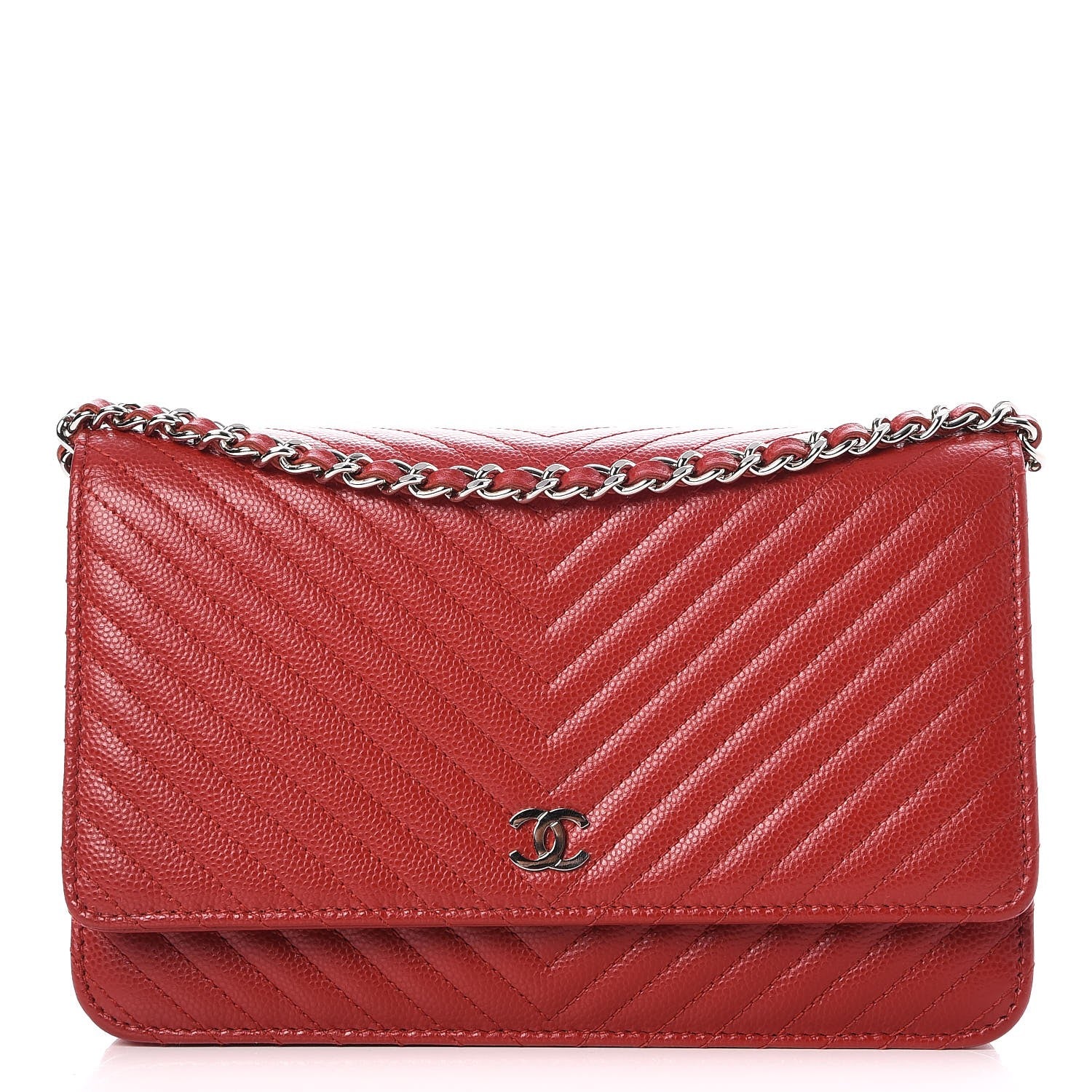 Chanel Caviar Chevron Quilted Wallet On Chain WOC Red 1 of 7
