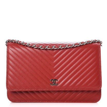 Chanel Caviar Chevron Quilted Wallet On Chain WOC Red 1 of 7