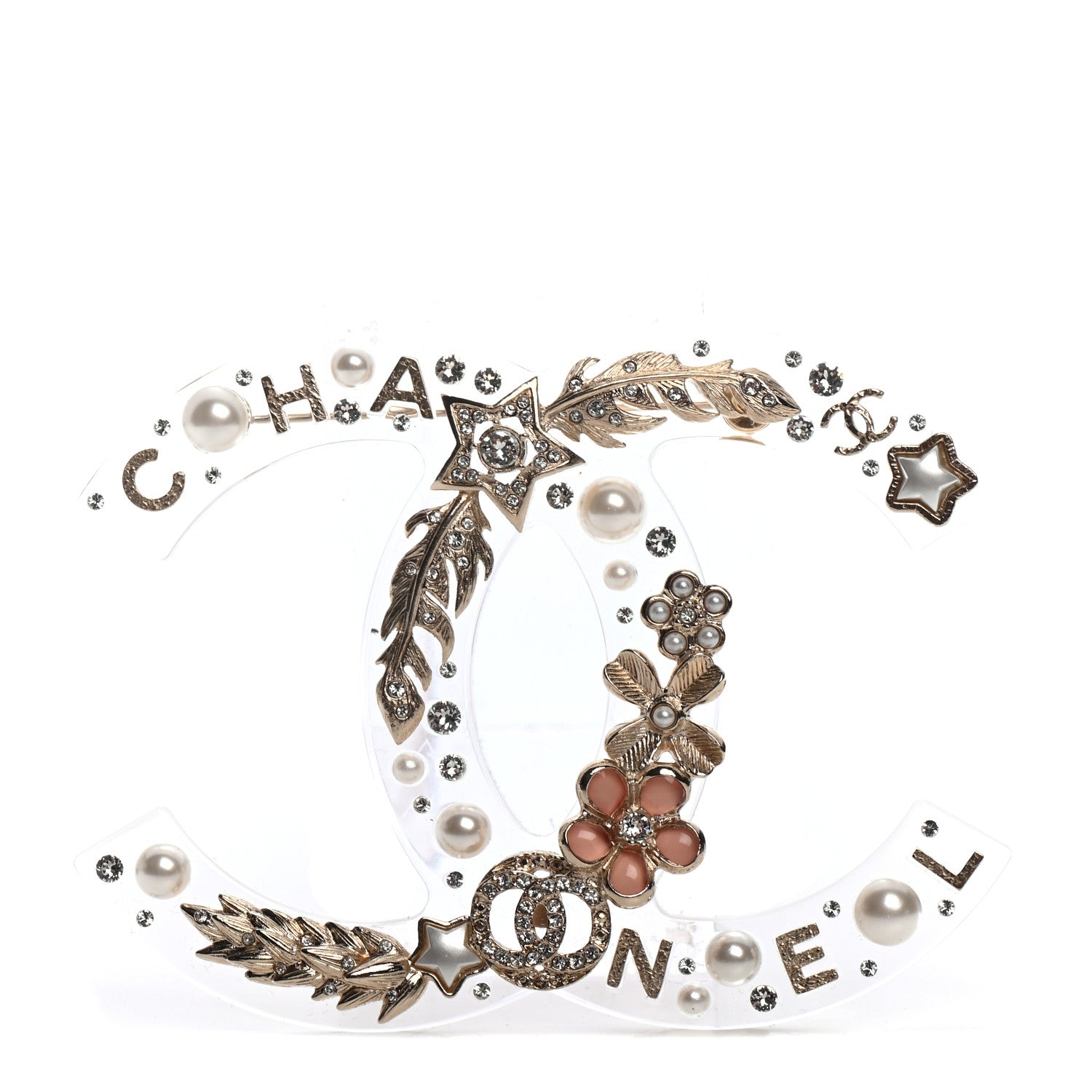 Chanel Resin Pearl Crystal Feather Star CC Brooch Transparent Gold 1 of 4