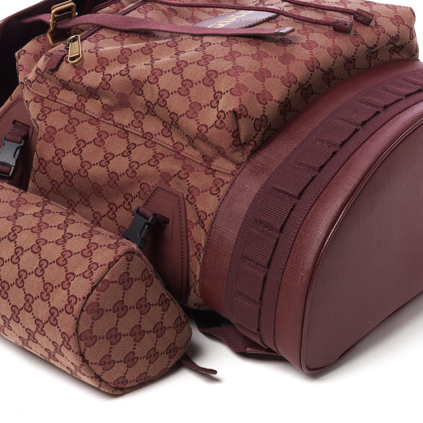 GG Monogram Script Logo Large Double Pocket Backpack Sahara Rubino Bordeaux