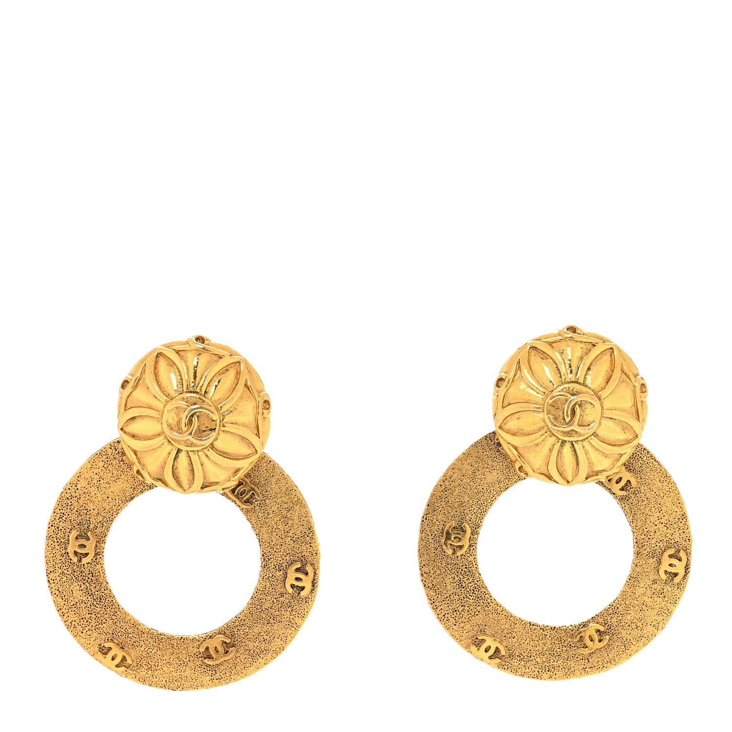 Chanel Metal Textured CC Detachable Hoop Drop Clip On Earrings Gold 1 of 4