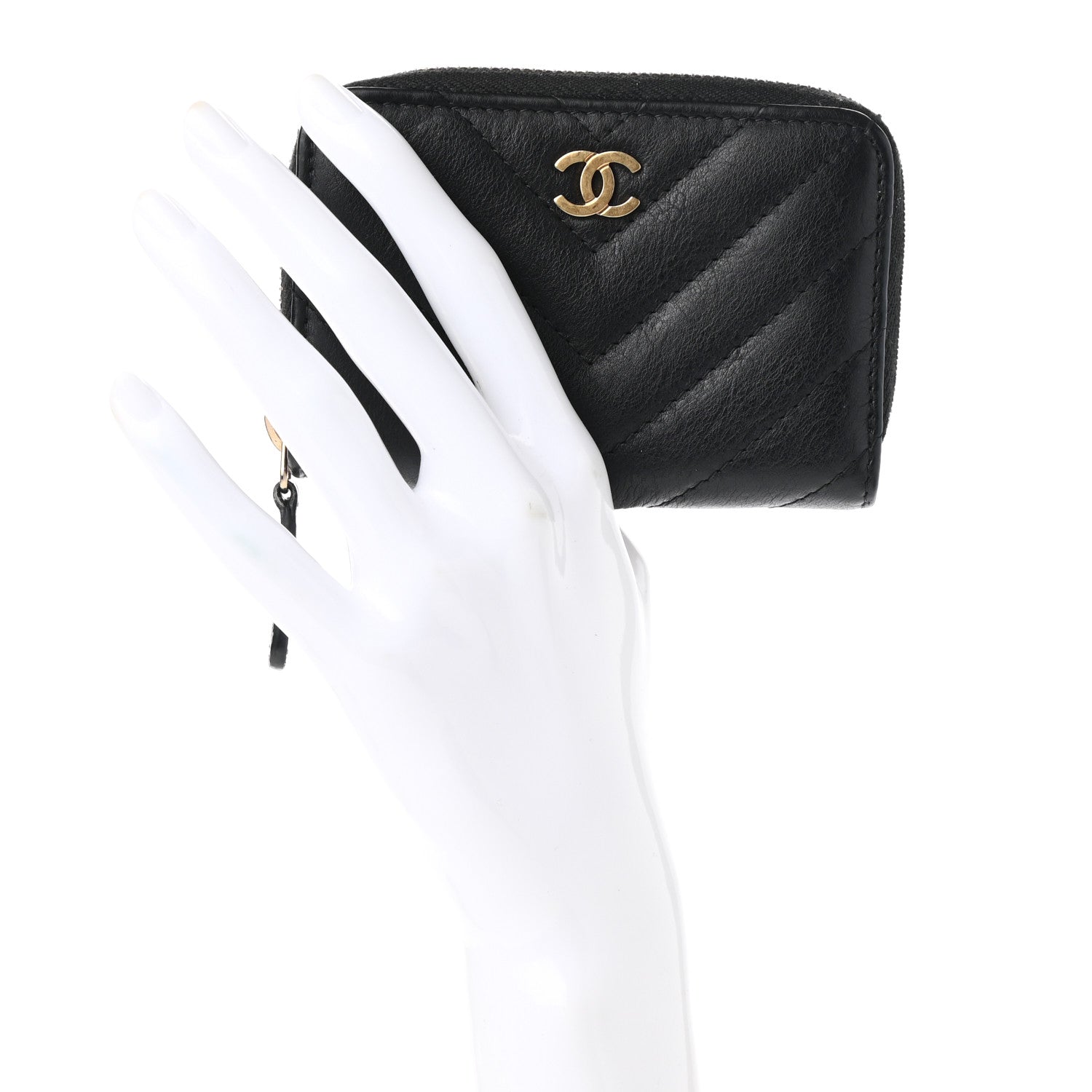 Chanel Calfskin Chevron Quilted Zip Around Coin Purse Black 2 of 8