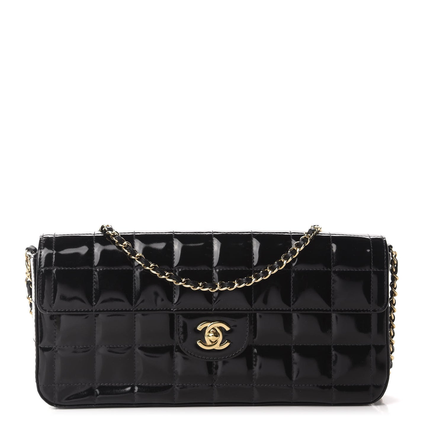 Patent Quilted East West Chocolate Bar Flap Black